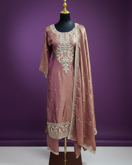 Kurti Connection USA dual tone tissue set with intricate embroidery on neckline and hem. Includes matching dupatta.