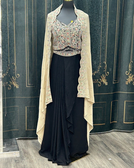 Kurti Connection USA black ethnic gown with floral embroidered bodice and sheer neutral cape on a mannequin
