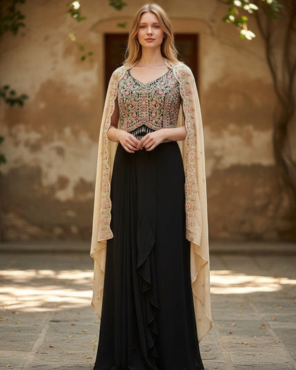 Kurti Connection USA black ethnic gown with floral embroidered bodice and sheer neutral cape worn by a blonde model