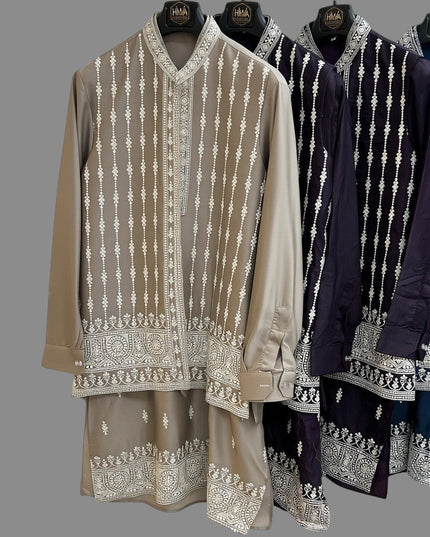 Kurti Connection USA men's traditional embroidered kurta set with half jacket in beige and purple on hangers