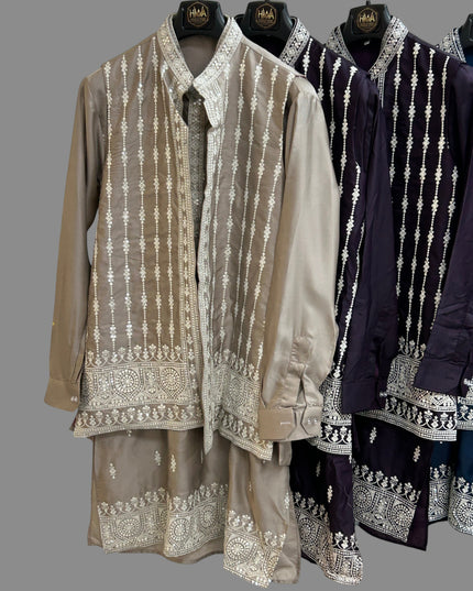 Kurti Connection USA men's traditional embroidered kurta set with a structured half jacket in purple and beige