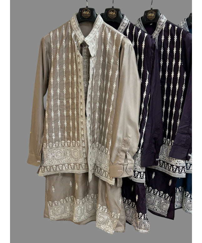 Kurti Connection USA men's traditional embroidered kurta set with a structured half jacket in purple and beige