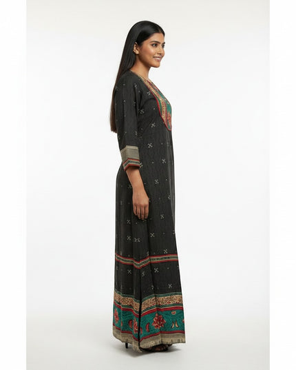 Kurti Connection USA dark grey maxi dress with embroidered neckline and hem, 3/4 sleeves, and all-over print.