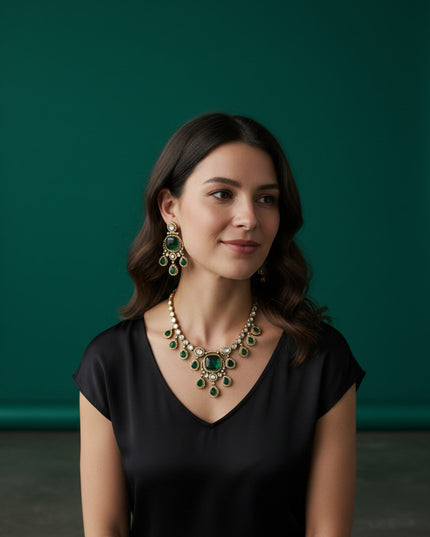 Kurti Connection USA emerald green doublet stone necklace and earring set worn by a woman in a black top