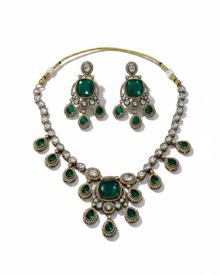 Kurti Connection USA emerald green doublet stone necklace and earring set with antique gold finish and crystal accents