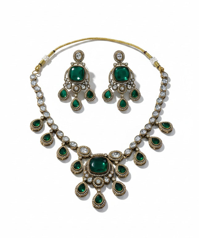 Kurti Connection USA emerald green doublet stone necklace and earring set with antique gold finish and crystal accents