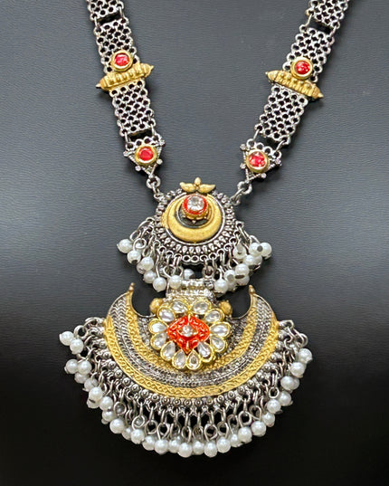 Kurti Connection USA traditional ethnic statement necklace with oxidized silver, gold accents, red stones, and pearls.