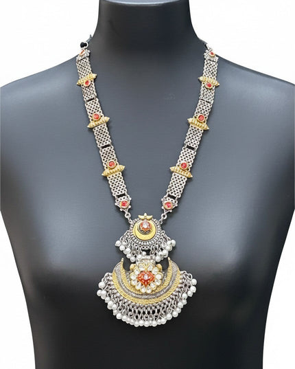 Kurti Connection USA traditional ethnic statement necklace with oxidized silver, gold accents, red stones, and pearls.