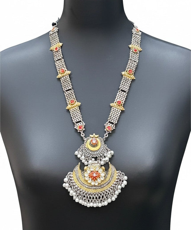 Kurti Connection USA traditional ethnic statement necklace with oxidized silver, gold accents, red stones, and pearls.