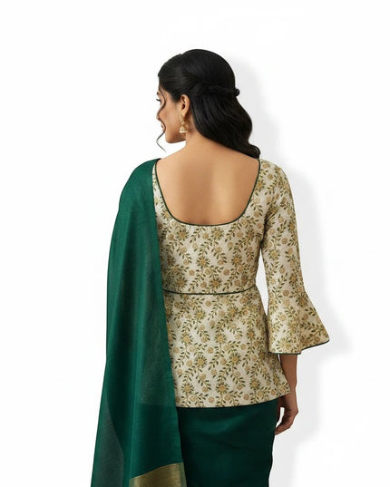 Kurti Connection USA floral print long blouse with bell sleeves paired with a dark green dupatta, back view