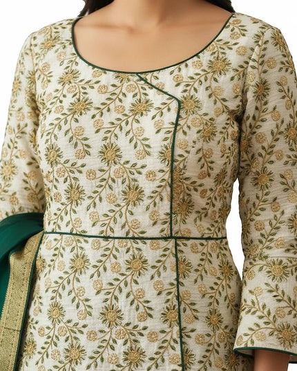 Kurti Connection USA long blouse in cream fabric with green and gold floral embroidery and bell sleeves