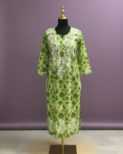 Kurti Connection USA light green cotton kurti with white Chikankari embroidery and floral print. Long sleeves, round neck.