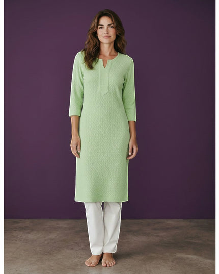 Kurti Connection USA light green textured cotton kurti with 3/4 sleeves and a V-neck, paired with white trousers.