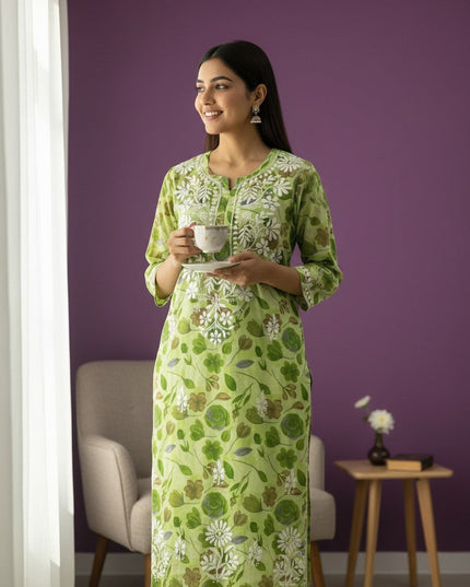 Kurti Connection USA light green cotton kurti with white Chikankari embroidery and floral print.