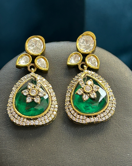 Kurti Connection USA elegant green teardrop drop earrings with white crystal halo and floral motif in gold setting