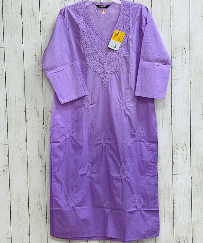 Kurti Connection USA lavender cotton tunic with white floral embroidery, V-neckline, and three-quarter sleeves.