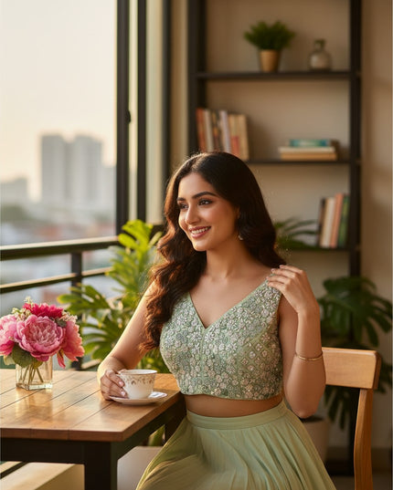 Kurti Connection USA light green embroidered sleeveless blouse worn by a woman sitting at a table with tea