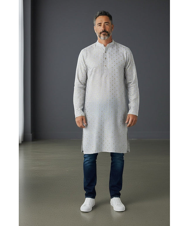 Kurti Connection USA men's light grey kurta shirt with subtle gold geometric pattern, mandarin collar, and button placket.
