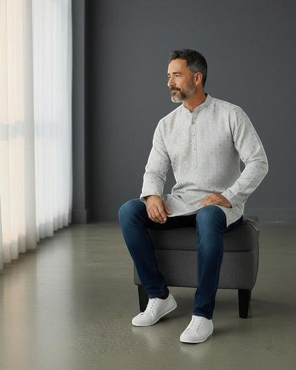 Kurti Connection USA men's light grey kurta shirt with subtle geometric pattern, mandarin collar, and button placket.