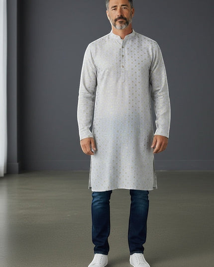 Kurti Connection USA men's light grey kurta shirt with subtle gold geometric pattern, mandarin collar, and button placket.