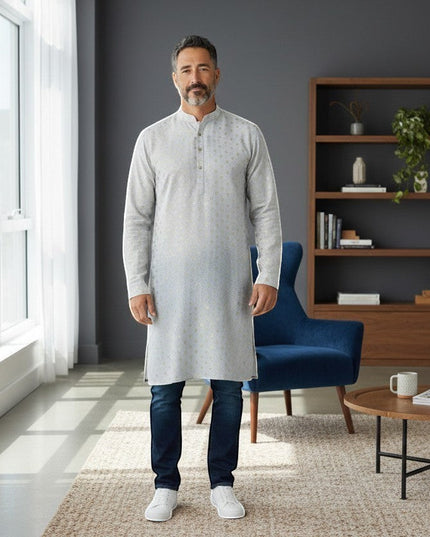 Kurti Connection USA men's light grey kurta shirt with subtle geometric pattern, mandarin collar, and button placket.