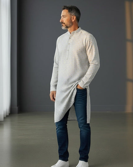 Kurti Connection USA men's light grey kurta shirt with subtle gold geometric pattern, mandarin collar, and button placket.