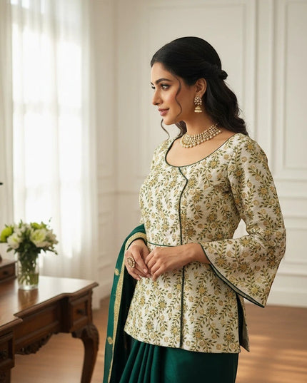 Kurti Connection USA long floral blouse with bell sleeves paired with a dark green skirt for a traditional look.