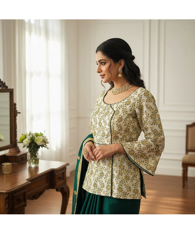 Kurti Connection USA long floral blouse with bell sleeves paired with a dark green skirt for a traditional look.
