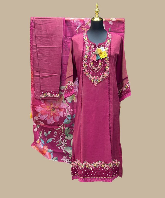 Kurti Connection USA magenta kurti set with floral embroidery and matching dupatta on a mannequin