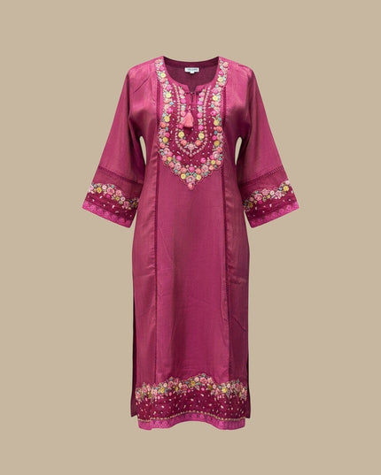 Kurti Connection USA magenta kurti with intricate multi-colored floral embroidery on the neckline and sleeves