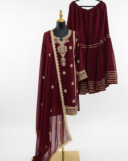 Kurti Connection USA maroon embroidered kurti sharara set with gold floral motifs and scalloped dupatta border