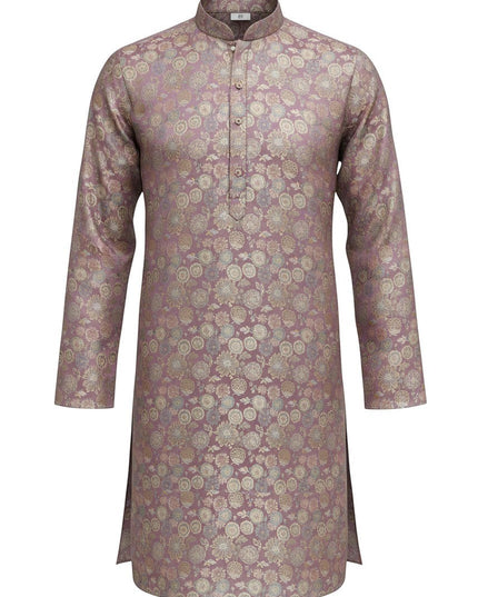 Kurti Connection USA mauve ethnic kurta for men featuring a mandarin collar and intricate shimmering gold floral motifs.