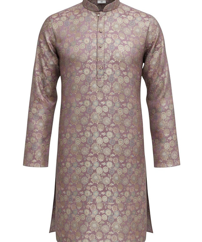 Kurti Connection USA mauve ethnic kurta for men featuring a mandarin collar and intricate shimmering gold floral motifs.