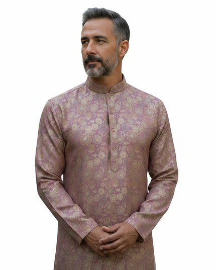 Kurti Connection USA men's mauve kurta with gold floral motifs, mandarin collar, and button-down placket.