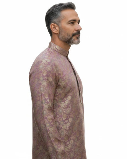 Kurti Connection USA men's mauve kurta with gold floral motifs, mandarin collar, and button-down placket, side view.