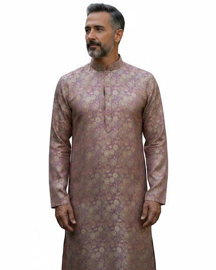 Kurti Connection USA men's mauve kurta with gold floral motifs, mandarin collar, and long sleeves on a male model.
