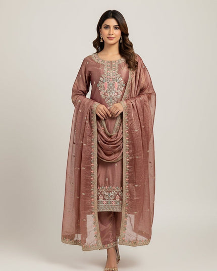 Kurti Connection USA mauve silk kurti pant and dupatta set with intricate floral embroidery and shimmering threadwork.