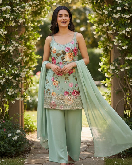 Kurti Connection USA mint green floral sleeveless kurti with sequin embellishments and palazzo pants.