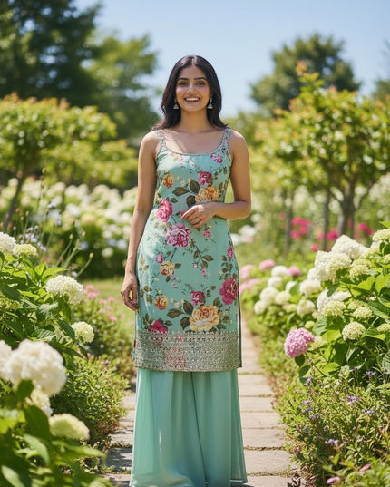Kurti Connection USA mint green floral sleeveless kurti with sequin hem and palazzo pants.