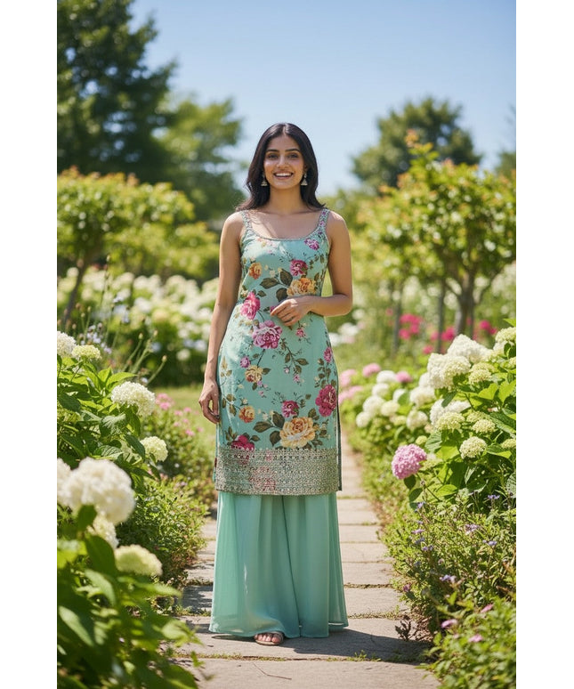 Kurti Connection USA mint green floral sleeveless kurti with sequin hem and palazzo pants.
