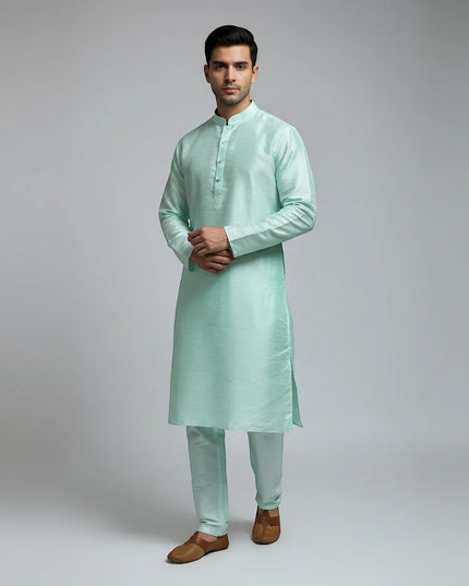 Kurti Connection USA mint green traditional men kurta pajama set with mandarin collar and subtle premium sheen