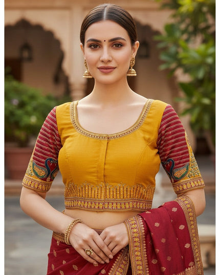 Kurti Connection USA mustard yellow padded blouse with front hooks, embroidered sleeves, and peacock motifs