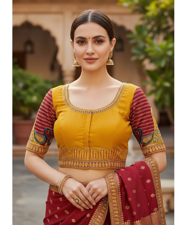 Kurti Connection USA mustard yellow padded blouse with front hooks, embroidered sleeves, and peacock motifs