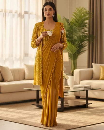 Kurti Connection USA mustard yellow saree with a sequin-embellished shrug and ruffle border in a modern living room