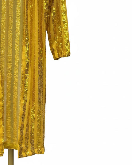Kurti Connection USA mustard yellow sequin embellished long-line shrug for ethnic saree set