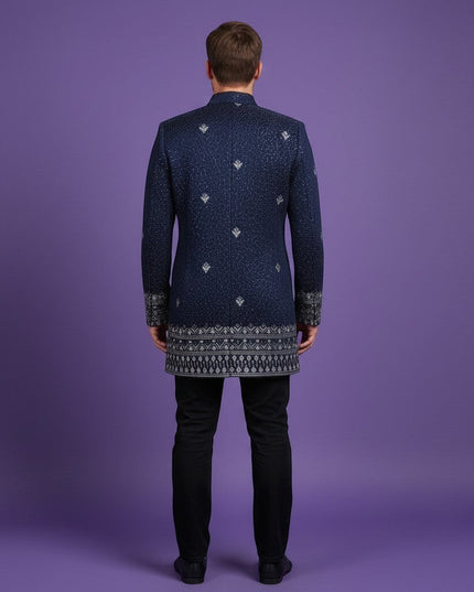 Kurti Connection USA navy blue textured Bandhgala jacket with silver embroidery and patterned cuffs. Tailored fit, traditional collar.