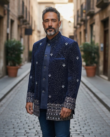 Kurti Connection USA navy blue Bandhgala jacket with silver embroidery and patterned cuffs. Model wears it with a blue shirt and jeans.