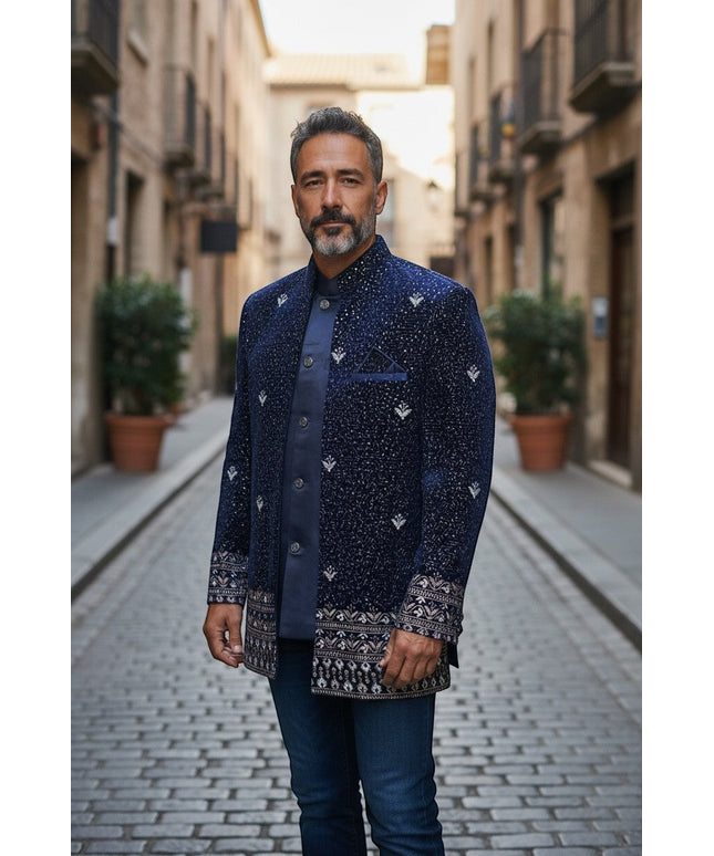 Kurti Connection USA navy blue Bandhgala jacket with intricate silver embroidery and patterned cuffs. Men's formal wear.