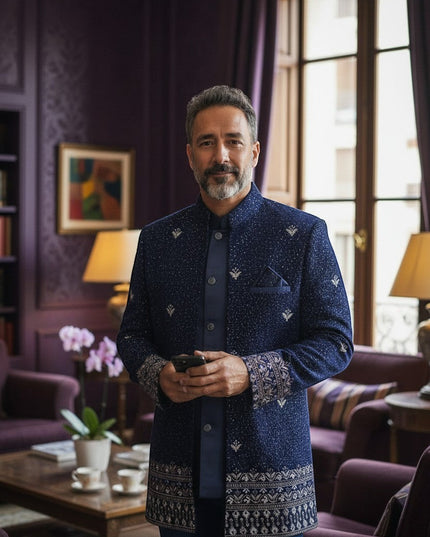 Kurti Connection USA navy blue Bandhgala jacket with intricate silver embroidery and patterned cuffs. Tailored fit, formal wear.