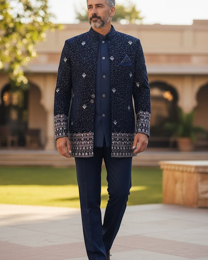 Kurti Connection USA navy blue Bandhgala jacket with intricate silver embroidery and patterned cuffs. Tailored fit, formal wear.
